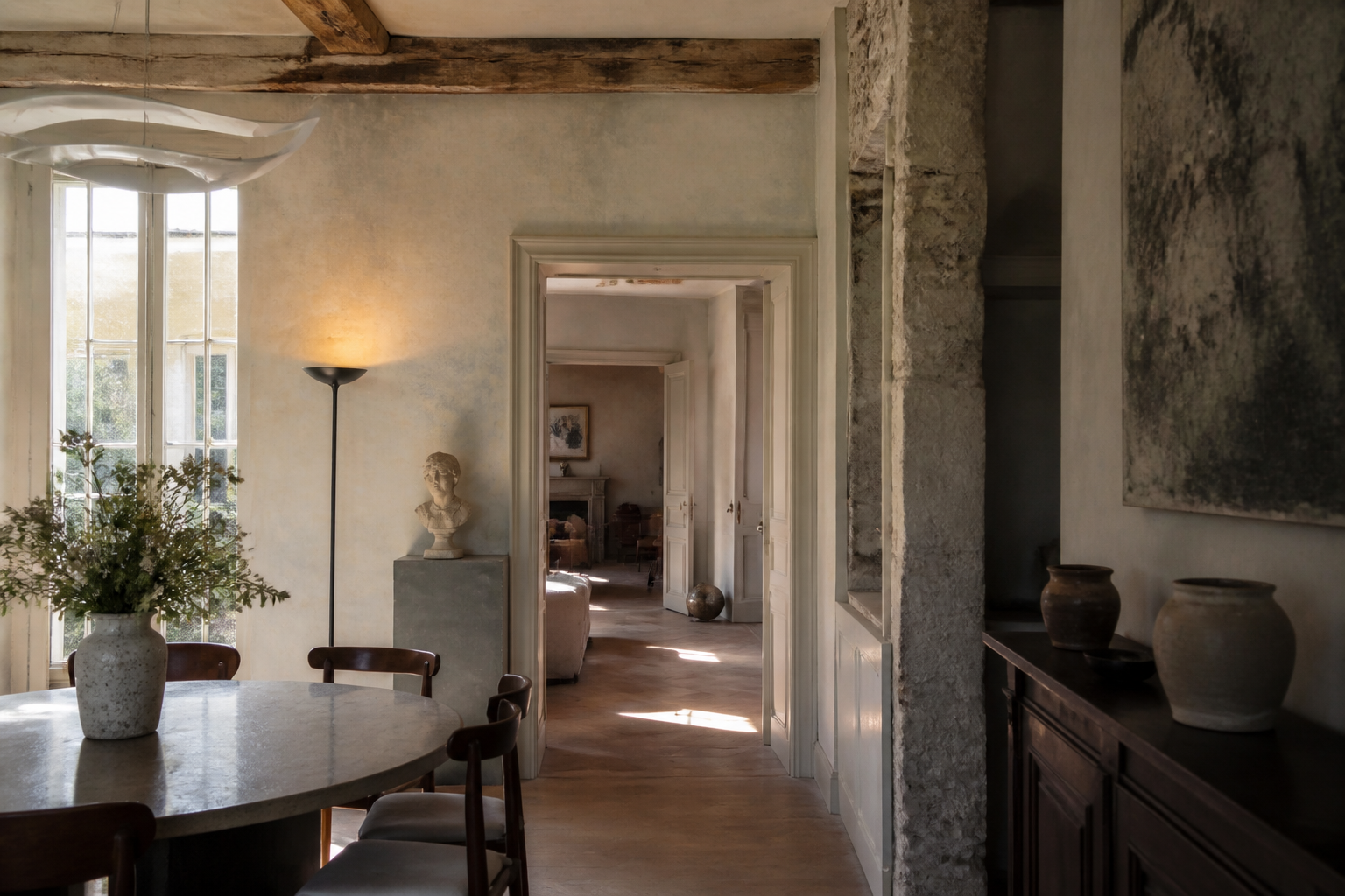 Intérieur ancien aux murs délicatement patinés
