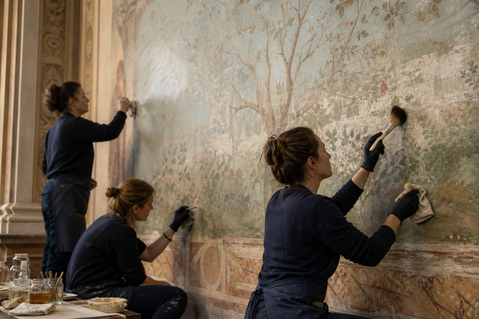 Équipe appliquant une patine murale
